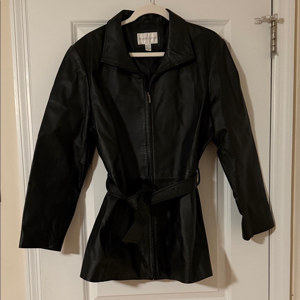 Worthington y2k vintage belted zip up leather jacket sz xl extra large